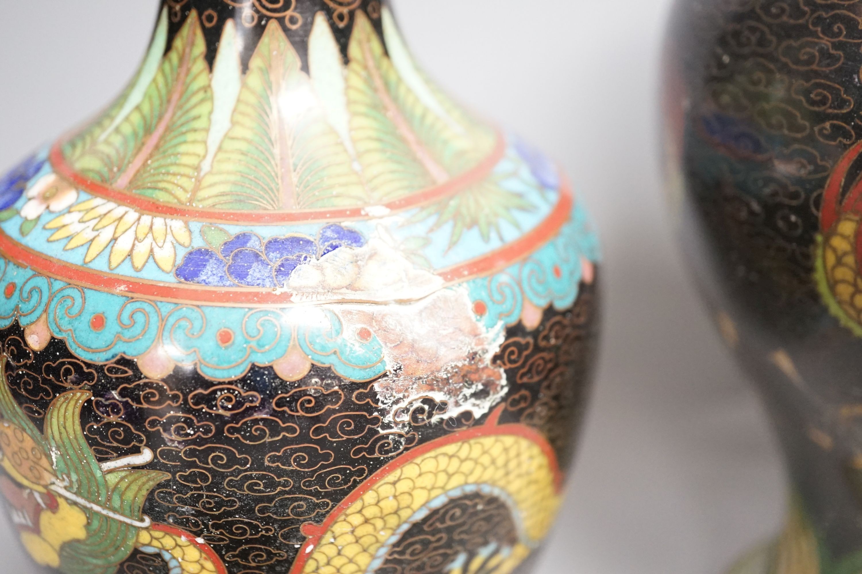 Three Chinese cloisonné enamel vases and a tantric figure of Buddha, tallest 26cm